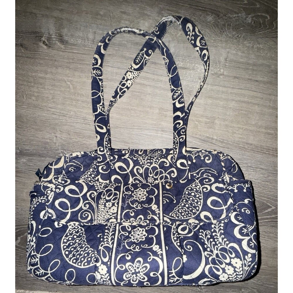Vera Bradley Navy And White Floral Print Twirly Bird Pattern Zip Up Tote Bag